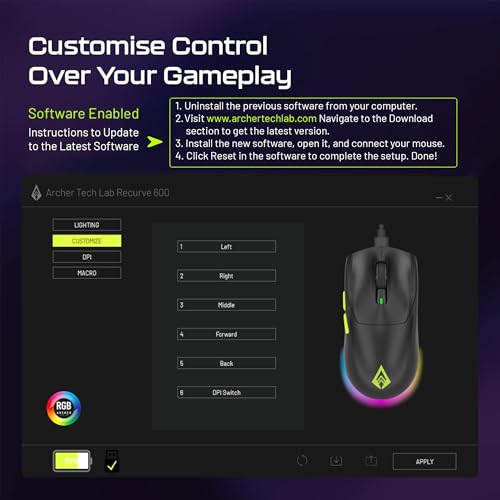 Image of Archer Tech Lab Wireless Gaming Mouse, 3 Connectivity (2.4G / Bluetooth /Wired) Precise & Rapid Response, Pixart 3325 Sensor 10000 DPI, 7 Programable Buttons, 8 RGB Modes, Ergonomic Design(Recurve 600)