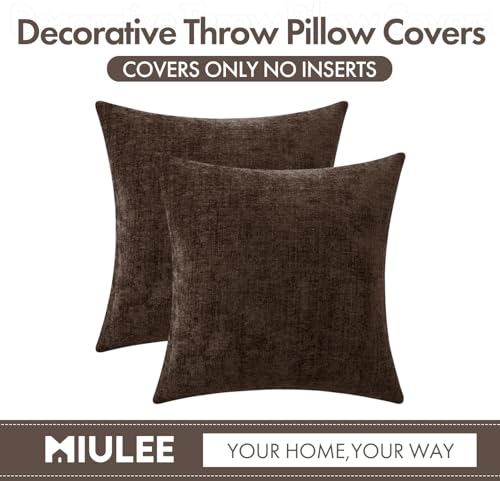 Image of MIULEE Pack of 2 Dark Brown Throw Pillow Covers 18x18 Inch Soft Chenille Pillow Covers for Sofa Living Room Couch Fall Home Decor Solid Dyed Cases
