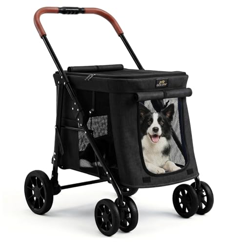 Image of CANINE CANYON Scout Pet Stroller, Heavy Duty Dog Stroller for Large & Medium Dogs, Foldable Pet Stroller for 2 Small Dogs with All-Terrain Wheels, Storage Pocket & Cup Holder, 55 lbs Capacity, Black