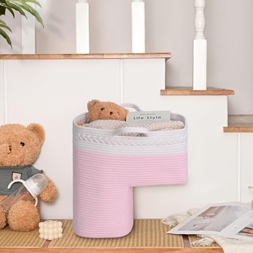 Image of Stair Basket for Wooden & Carpeted Stairs, Foldable Cotton Rope Step Basket with Handles, Staircase Storage Organizer, Pink, 15 inch Lx 10 inch W x 15 inch H