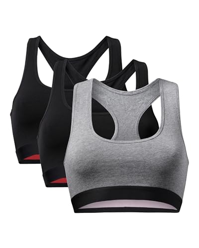 Ekologisk bomullsbralette för kvinnor 3 Pack svart blågrå komfortbehåstretch (Flerfärgad (2x Svart, 1x Grå/Svart), M)