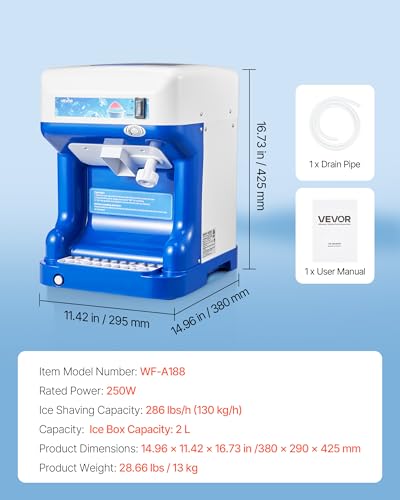 Image of VEVOR Commercial Ice Shaver Crusher,286lbs Per Hour Electric Snow Cone Maker with 2L Ice Cube Box, 250W 1500RPM Tabletop Shaved Ice Machine for Parties Events Snack Bar, Home and Commercial Use (Blue)