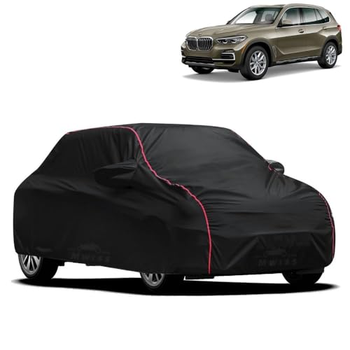Image of Waterproof Car Cover for BMW X5M | All-Weather Protection, Dustproof & UV Resistant | Triple Stitched Mirror Pockets, Windproof Buckle Strap with Elastic Hem, Black-Red Piping