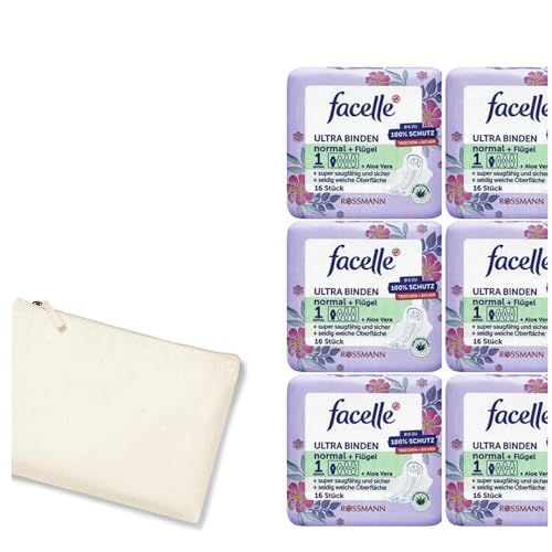 7tlg Set | 6x16 Stück facelle Ultra-Binden normal mit Flügeln + Aloe Vera Grösse 1 saugfähig & weich + STUDIO.MUNET Etui-Bag