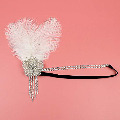 Positive Costume Great Gatsby Flapper Headband Elegant Crystal Rhinestone Flower Tassels 1920S Vintage Hairband Old Hollywood Glam Headpiece (White) #TOP3