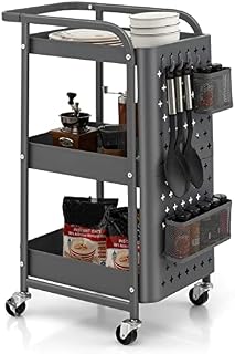 TANGZON 3-Tier Rolling Cart, Steel Storage Trolley with 2 DIY Pegboards, 2 Sizes Baskets, 4 Hooks, Handle & Locking Wheels, Mobile Utility Rack Shelves for Home Kitchen Office Bathroom Garage (Grey)
