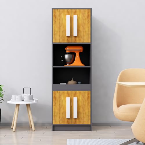 Image of Bniture Multipurpose Crockery Cabinet | Engineered Wood Kitchen Cabinet Modern with 4 Doors & Shelves | Crockery Unit for Dining Area | Kitchen Crockery Cabinet for Home | Slate Grey & Giant Wood