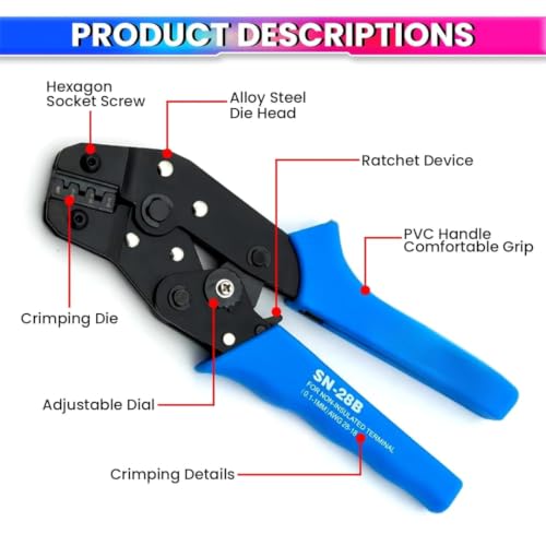 Image of XIKKART SN-28B Ratchet Crimping Tool for Non-Insulated Terminals, AWG 28-18 (0.1-1mm), Heavy Duty Wire Crimper with Ergonomic Anti-Slip Handle for Electrical Wiring, DIY & Electronics (SN-28B)