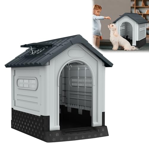 YARDIN Caseta para perros de plástico con suelo elevado, tragaluz y ventilación, 65 x 56,5 x 67 cm, resistente al agua y aislada, casa para mascotas de plástico, para interior y exterior, gris y