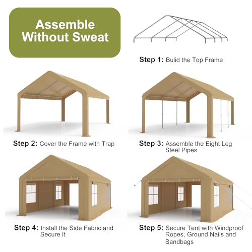 Heavy Duty Carport, Portable Garage with 4 Doors & 4 Window,Upgraded Carport with Reinforced Steel Poles, Uv Resistant All-Season Waterproof Tarp, for Car, Truck, Boat