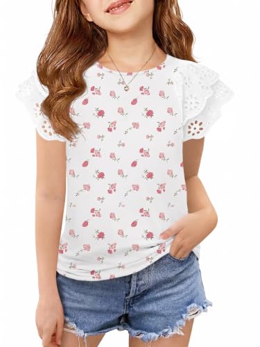 Image of Haloumoning Girls Ruffle Sleeve T Shirts Summer Short Sleeve Casual Cute Crewneck Tops Tees 5-14 Years