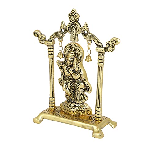 Image of Metal Lord Krishna Swing Statue with Antique Gold Finish & Bells - Spiritual Krishna Idol for Home Decor, Mandir Decoration, 6-Inch Brass Religious Sculpture