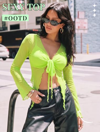 Image of Avidlove Women Mesh Crop Top Y2K Tie Front Tops Rave Top Sheer Cardigan Sexy V Neck Outfits S-2XL