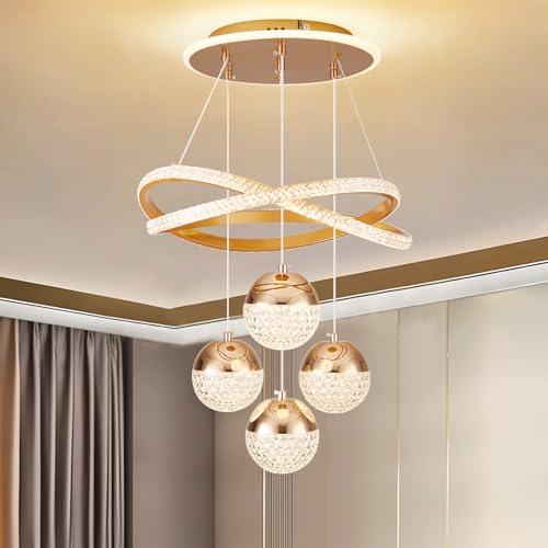 SpavzeMe Modern Gold LED Chandeliers 3-Color Dimmable Pendant Light for Kitchen Island Dining Room Living Room Contemporary Hanging Ceiling Light Adjustable Height Perfect for Modern Home Decor.