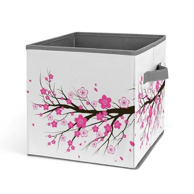 Storage Cubes Bin Bins Pink Cherry Blossom Collapsible Fabric 11 Inch Blooming Flower Storage Baskets Boxes Closet Shelf Organizer with Handles Room Decor 1Pcs