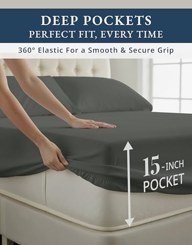Image of LANE LINEN Sheets Queen Size Bed Set Cotton Sateen Weave - Dark Grey | Cream Sheets Queen - 4-Piece Set, For A Luxurious Night's Sleep, For Guests And Everyday Use, Guest-Ready Comfort