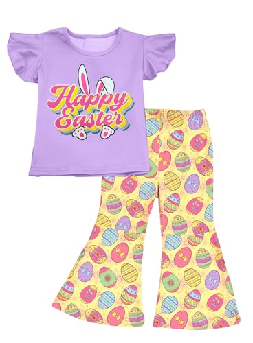 Image of Happy Easter Outfit for Toddler Girl - Cute Bunny Top Flutter Sleeve Shirts Colorful Rabbit Flare Pants Clothes Set