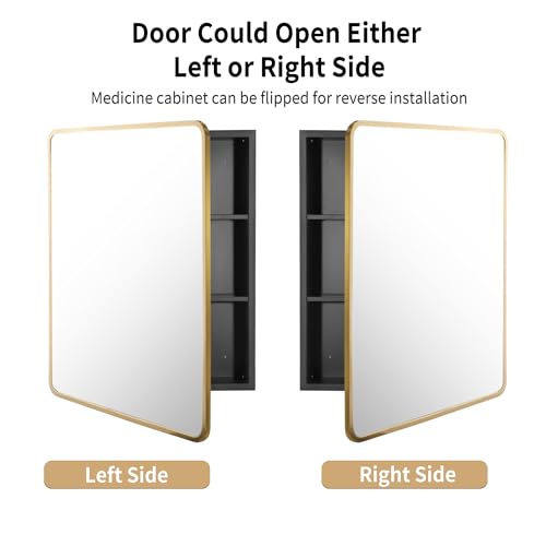Image of Movo 20x31 Inch Recessed or Surface Mount Medicine Cabinet with Mirror Aluminum Metal Framed Bathroom Mirror Medicine Cabinet Rectangle Storage Cabinet Gold