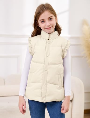 Wyeysyt Toddler Girls Ruffle Puffer Vest Button Sleeveless Padded Gilet Winter Cute Jackets Outwear 3-10 Years3