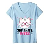 Womens Cute 2nd Grade Vibes Cat Kitten Lover Back To School Girls V-Neck T-Shirt