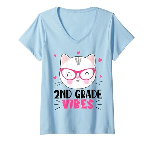 Womens Cute 2nd Grade Vibes Cat Kitten Lover Back To School Girls V-Neck T-Shirt
