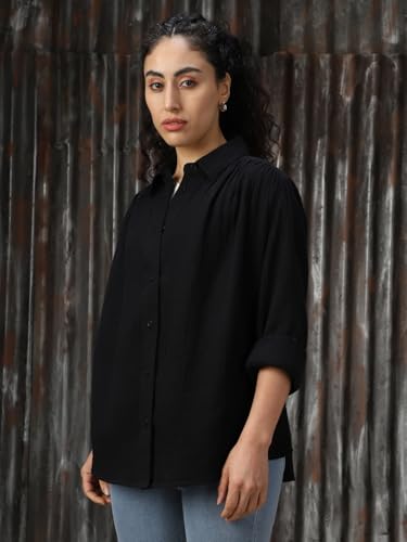 Image of High Star Women Cotton Solid Oversized Fit Casual Collar Full Sleeves Shirts