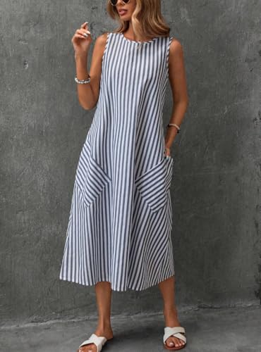 chouyatou Women's Casual Loose Vertical Striped Dress Crew Neck Sleeveless Midi Long Tank Dress with Pockets4