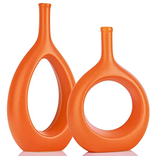 Orange Ceramic Hollow Elliptical Vase Set of 2 - Boho