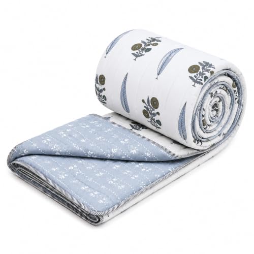 Image of RRC Single Bed Jaipuri Quilt | White & Green Floral Print Cotton Rajai | 200 GSM Lightweight AC Quilt | Soft Breathable Summer Comforter | Pack of 1