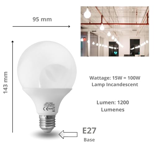 JANDEI, 2 x Globe LED Bulb, G95 E27 Screw, 15W (Equivalent to 100W) Cold White Light 6000K, 1200 Lumens, Living Room, Home - Image 2