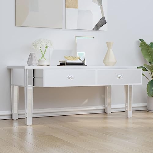 Mhdvray Spiegel Couchtisch 106x45x45 Silber Modernes Design mit 2 Schubladen aus Holzwerkstoff Glas und Kunstkristall Knöpfen eleganter Beistelltisch für Wohnzimmer Schlafzimmer Flur – Bild 5