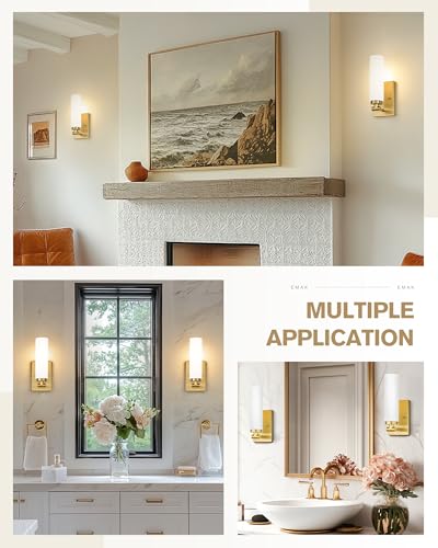 Image of Emak Brushed Gold Wall Sconce, Modern Bathroom Vanity Sconces Wall Light Fixtures with Milk Glass Shade for Bathroom, Mirror, Living Room, Bedroom, Gallery, WS086-BGD-ML-2PK
