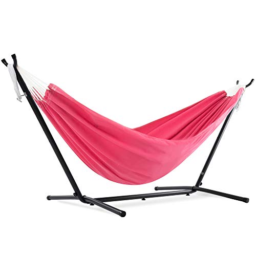 Vivere Double Polyester Hammock with 9ft Space Saving Steel Stand (450 lb Capacity - Premium Carry Bag Included) (Hot Pink)