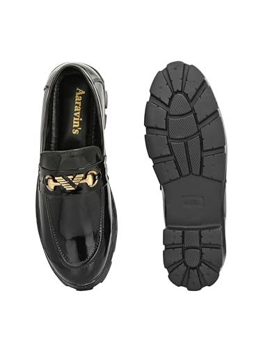 Image of Aaravin's Shiny Synthetic Patent Leather Slip-On Loafers | Chunky TPR Sole Moccasins with Stylish Metallic Buckle | Trendy Comfortable Footwear for Parties, Office and Daily Use