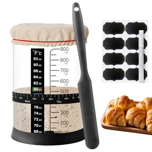 WINUSD Sourdough Starter Jar Kit - 34OZ, with Date Feeding Band, Cloth Cover, Thermometer, Silicone Lid, Chalkboard Labels, Mark Pen, Rubber Bands, Silicon Spatula, Sourdough Bread Baking Supplies