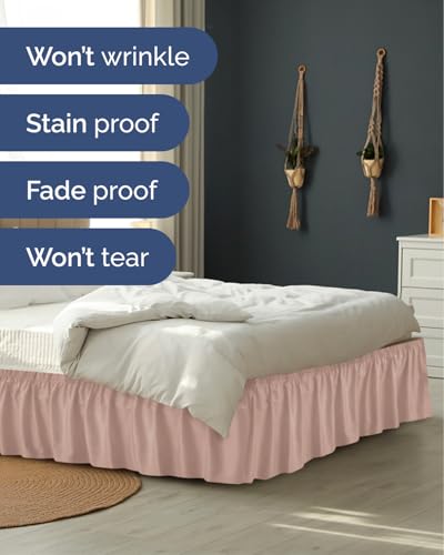 Image of Wrap Around Dust Ruffle Bed Skirt, Queen Size Beds - 15 Inch Drop, Mauve | Easy Fit Elastic Strap, Adjustable Pleated Bedskirt w /Brushed Fabric, Wrinkle & Fade Free, for Women, Men, Kids & Teens