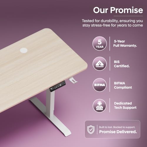 Image of V ONE Electric Standing Desk | Compact 1-Piece Top | 70Kg Weight Capacity | 3 Memory Preset | 5 Year Warranty | Built-in Cup & Headphone Holder | Home Office (White Oak, 100 * 60 CM)