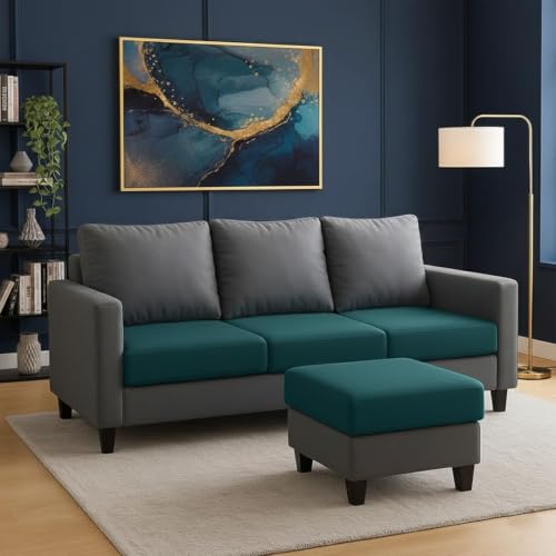 Image of FURNY Arnold 4 Seater L Shape Sofa Set with Movable Ottoman | Flexible Left or Right Layout | Plush Velvet Fabric (Dark Grey-Greenish Teal) | Perfect for Living Room, Guest Room & Office