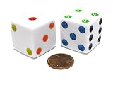 Set of 2 D6 25mm Large Opaque Jumbo Dice - White with Multicolor Pips