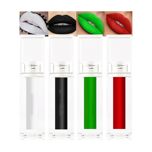 4 Colors Matte Liquid Lipstick Set,Red White Green Black Halloween Makeup, High Impact Long Lasting Lip Stain, Waterproof Nonstick Cup Lip Gloss Set, Matte Black Lipstick Halloween Lip Make-up