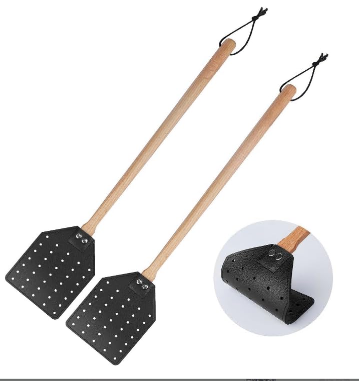 Fly Swatter,2 Pack Leather Fly Swat with Long Wood Handle and Hanging,Fly Catcher Insect Mosquito Wasp Pest Control for Indoor Outdoor Home Fly (B)