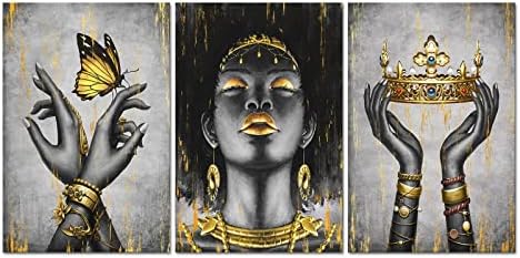 Welmeco African American Cavnas Wall Art Elegant Black Woman with Gold Necklace Crown Butterfly Painting Fashion Charming Woman Poster Picture Framed and Stretched for Girl Gift Bedroom Living Room Decor Contemporary Art (24x36x3)