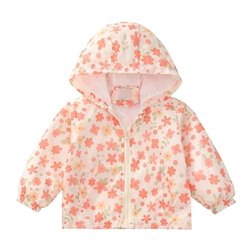 Image of Toddler Girls Waterproof Jacket Baby Cute Heart Floral Rain Jackets Kids Lightweight Windproof Raincoat Outdoor Long Sleeve Zipper Hooded Windbreaker Packable Athletic Outwear (Beige, 12-18 Months)