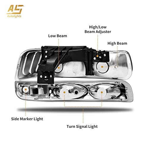As Headlight Assembly Compatible With 1999-2002 Chevy Silverado 1500 2500/2000-2006 Suburban 1500Hd 2500Hd Tahoe Replacement Headlamp With Bumper Lights Chrome Housing Amber Reflector Clear Lens #TOP2