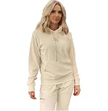MONDE D'OR Women’s Beige Velour Tracksuit Set – Pullover Hoodie & Jogger Pants (UK, Alpha, M, Regular, Regular, Beige)