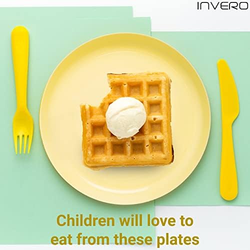 Invero Set of 18 Children's Colourful Unbreakable Plastic Plates - Stackable, Reusable Tableware Serving Plate Set - Microwave and Dishwasher Safe - Ideal for Lunch, Dinner, Outdoor Picnics, Travels