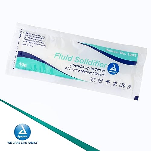 Image of Dynarex Fluid Solidifier Powder - Absorbent & Deodorizing Gelling Agent - Turns Up to 300cc Liquid Waste & Bodily Fluids Into Gel for Disposal - Zero Chlorine - Portable 10g Packets, Bulk 200-Count