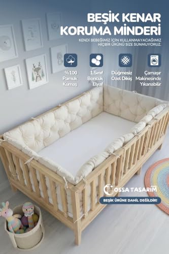 Ossa Tasarım Beşik Kenar Koruma Minderi %100 Pamuk - Montessori Yatak Uyumlu - Ekru - Buble Soft, 70x140