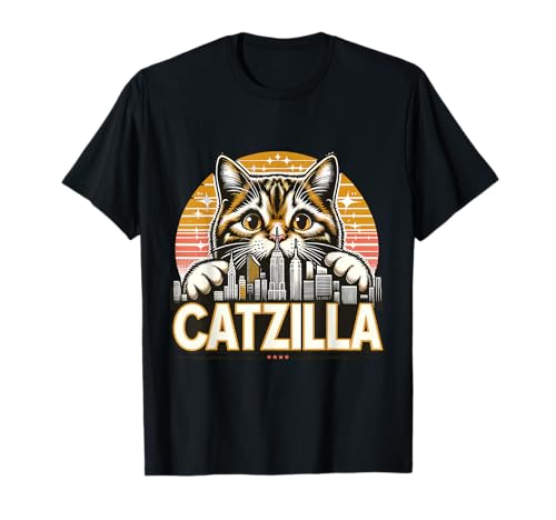Catzilla Vintage Gato Atacando Ciudad Japonés Puesta Camiseta