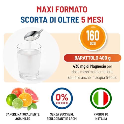 Equilibra, Magnesio Zero Zuccheri, Maxi Formato 400g in Polvere, Magnesio Bisglicinato, Pidolato, Carbonato, per Affaticamento, Funzione Muscolare, Solubile in acqua fredda, Vegan, Sapore Agrumato - 4